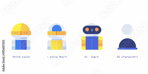 Four stylized robot figures in various stages of completion are displayed