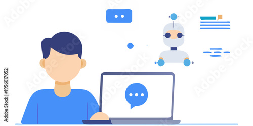 Man interacting with a chatbot via laptop and robotic assistant