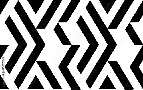 Seamless black and white geometric chevron pattern with sharp angles and interlocking shapes