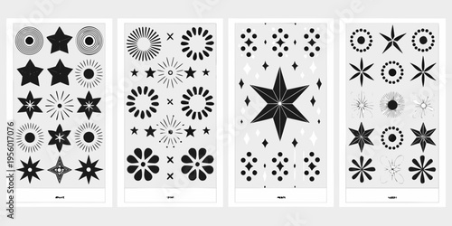 Four rectangular panels displaying various black and white star patterns