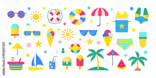 Colorful summer icons and accessories arranged in a playful flat design