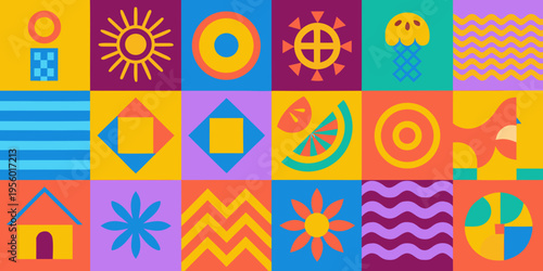 Colorful geometric patterns arranged in a vibrant tiled grid composition