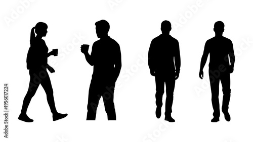 Diverse people silhouettes walking and standing with coffee for architectural visualization and urban lifestyle graphic design