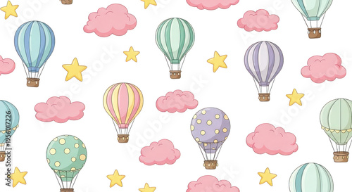 Whimsical hot air balloons and clouds pattern