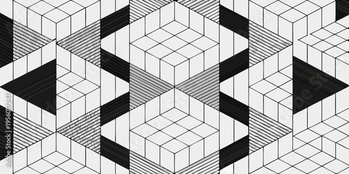 Isometric cuboid pattern with black and white geometric designs