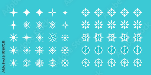 Collection of diverse white snowflake illustrations against a teal background
