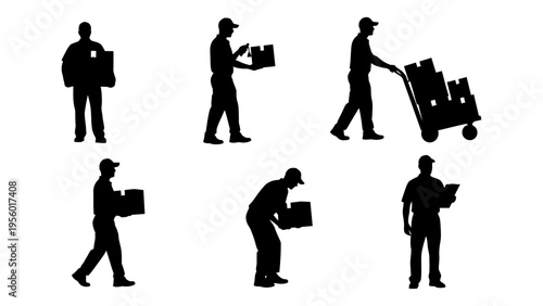 Courier and delivery man silhouettes set with workers carrying boxes and pushing hand truck for logistics and shipping services
