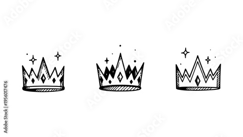 Hand drawn crown icon set with sparkles for royalty and success branding concepts