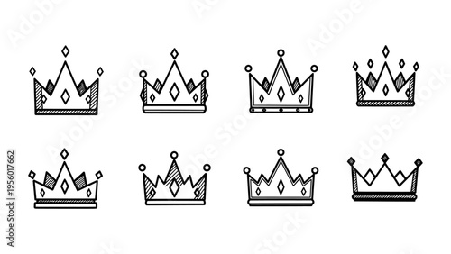 Set of hand drawn crown icons in doodle sketch style for success leadership and royal branding concepts