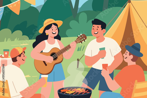 Illustration Of A Woman Playing Guitar And Her Friends Gathered Around A Campsite Vector Design Template