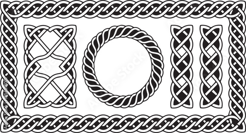 Celtic knotwork border, rope twist designs, black and white vector, decorative frame elements