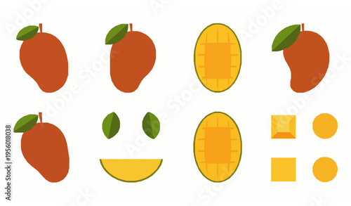 Flat mango fruit elements set vector with whole and sliced tropical fruits isolated on white background
