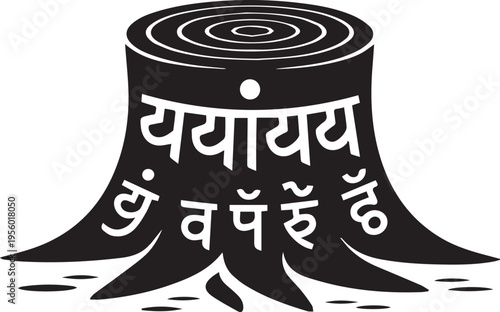 Hindi typography, Sanskrit text, black tree stump vector icon, white background