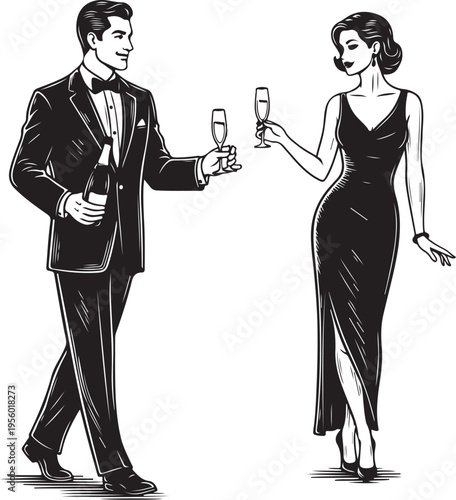 Elegant couple toasting with champagne, hand drawn simple sketch vector illustration