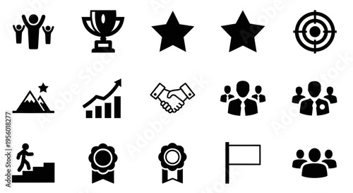 A Collection of Award and Achievement Icons Representing Success, Goals, and Teamwork, Including Trophies, Stars, and Climbing Stairs