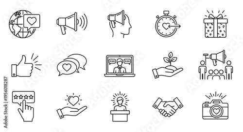 Set of 15 Flat Icons Representing Business, Marketing, Social Media, and Communication Concepts for Websites and Presentations