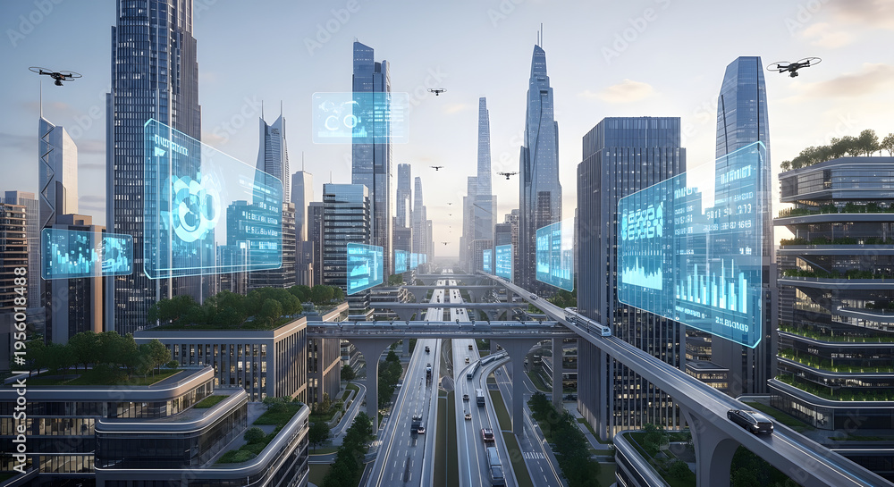 Obraz premium Futuristic Cityscape with Holographic Data and Smart Urban Transportation