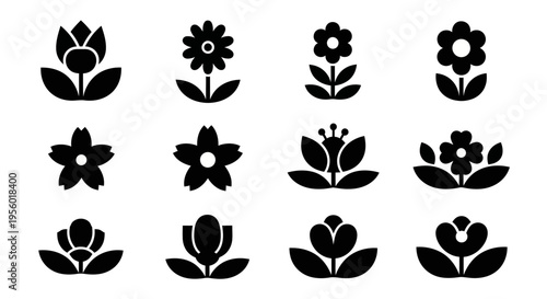 Diverse collection of stylized black flower icons, perfect for various design projects, representing nature's botanical beauty and elegant floral motifs