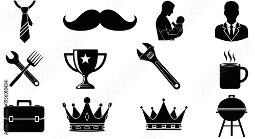 Collection of Father's Day icons including tie, mustache, trophy, baby, wrench, coffee mug, briefcase, crowns, and grill