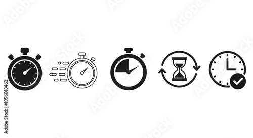 Set of diverse time management icons including stopwatches, hourglass, and clock, symbolizing measurement, speed, and efficiency for various applications