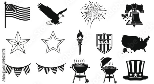 Set of American Icons and Symbols for Patriotic Celebrations and Holidays like the Fourth of July, Independence Day, and Memorial Day
