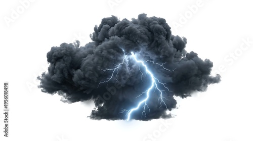 Dark storm cloud with lightning bolt on white background, Dramatic weather illustration