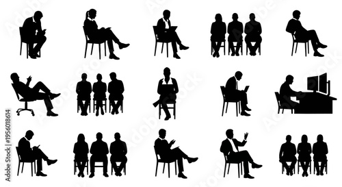Collection of Silhouettes Illustrating People in Various Seated Poses and Activities, Including Work and Relaxation