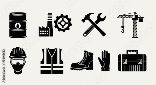 Set of industrial and construction icons, including oil barrel, factory, tools, crane, safety gear, and toolbox for industry and labor representation