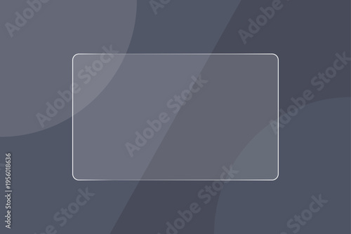 Transparent rectangular glass panel with a thin white outline on a wavy background. Placed on an elegant, abstract gray background with smooth, flowing wave patterns.