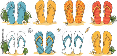 Summer flip flops collection with tropical elements colorful vector illustration beach sandals set vacation footwear design