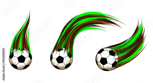 Fast-Paced Soccer Balls Illustrated with Trailing Green and Brown Streaks, Capturing Dynamic Movement and Athletic Energy for Sports Concepts