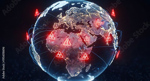 Earth's digital future interconnected global warning system signaling widespread emergencies and potential threats