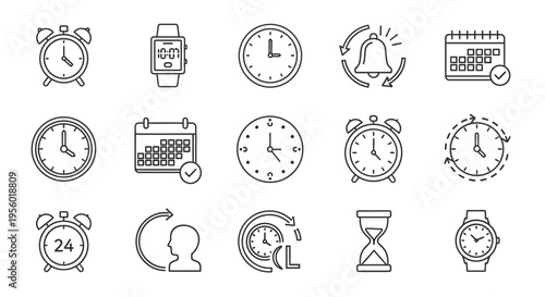 Modern line art icons for time management and scheduling, featuring clocks, watches, calendars, and reminders for digital design and productivity applications