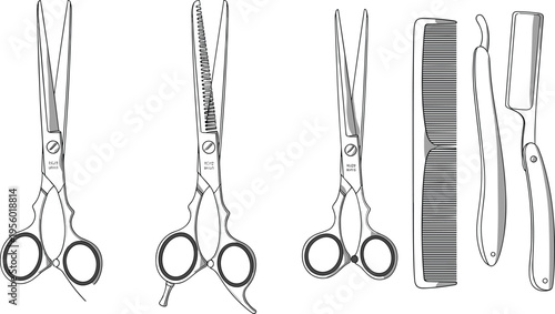 Hairdressing tools set with scissors comb and razor outline vector illustration professional barber equipment collection for salon design
