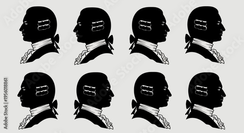 A Collection of Stylized Silhouettes of Men's Heads from the 18th Century with Powdered Wigs and Hair Tied with Ribbons