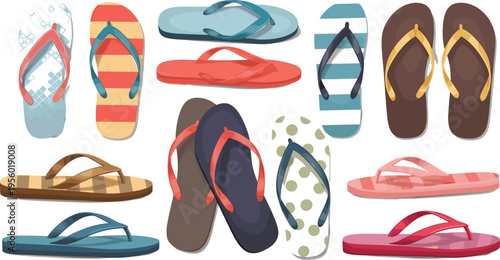 Colorful Set of Flip Flops with Various Patterns, Styles, and Colors for Beach, Summer, and Vacation-Themed Designs