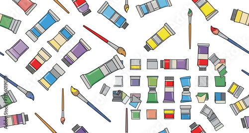 Art Supplies Set with Paint Tubes, Brushes, and Colorful Paint Dabs for Creative Projects, Painting, and Art Design