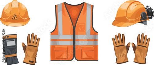 Construction safety gear set with helmet gloves and reflective vest vector illustration protective equipment for industrial workers design