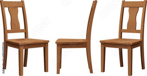 Wooden chair set with different perspectives rustic furniture vector illustration classic seating design isolated interior elements collection
