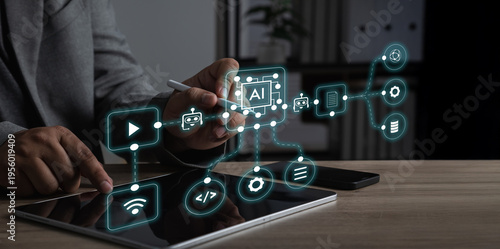 Photos AI automation workflow for business technology with artificial intelligence, data processing, cloud systems, software integration, digital transformation, and enterprise productivity solutions