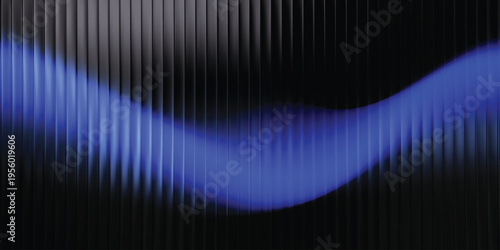  Blue neon wave on dark metallic vertical lines abstract background, futuristic technology wallpaper for music, presentations and web banners