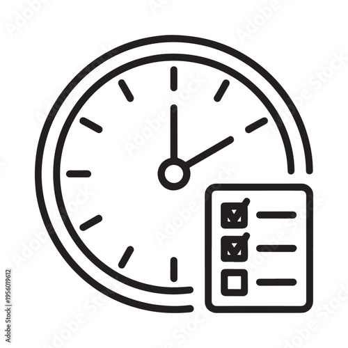 Simple black and white line illustration of a clock with a checklist