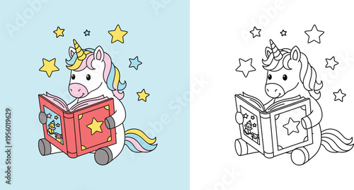 Cute Unicorn Reading a Book Coloring Page for Kids, Magical Fantasy Creature with Stars, Preschool Educational Activity, Black and White Line Art and Colored Vector Illustration