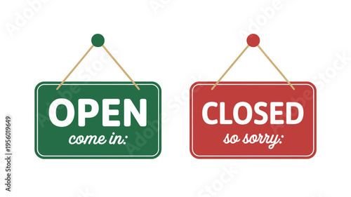 Two rectangular signs display open and closed messages hanging by strings