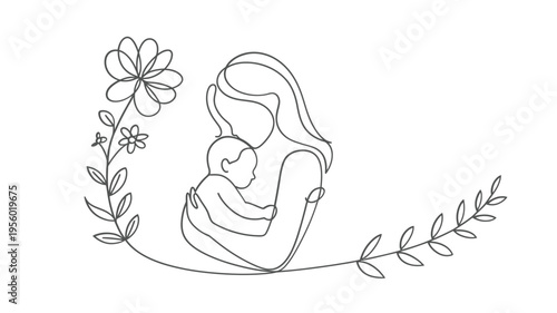 Minimalist line art depicts a mother tenderly holding her baby with floral elements