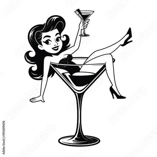 Retro woman playfully posed as a cocktail glass with a martini