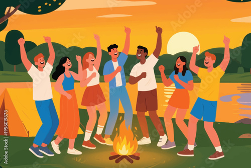 Illustration Of A Group Of Teenagers Having Fun Near A Campfire On The Edge Of A Lake In A Camping Area Vector Design Template
