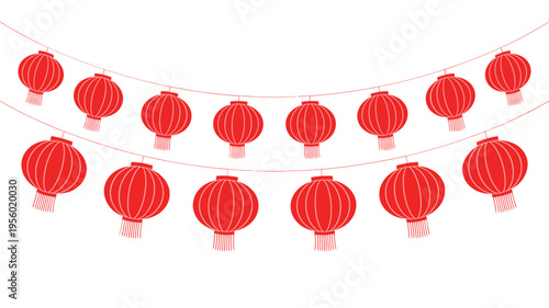 A string of vibrant red paper lanterns hangs against a white background
