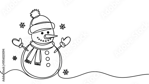 Simple line drawing of a snowman with a hat and mittens