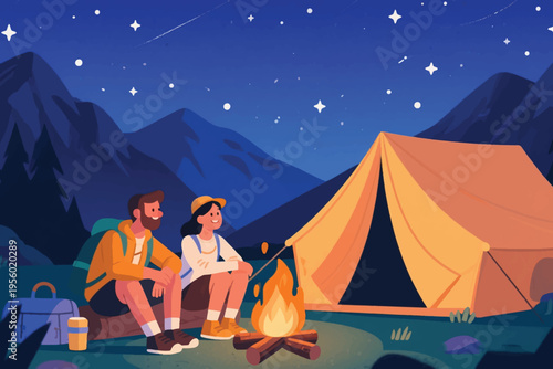 Illustration Of A Man And Woman Looking At The Stars While Sitting In Front Of A Campfire In A Camping Area Vector Design Template
